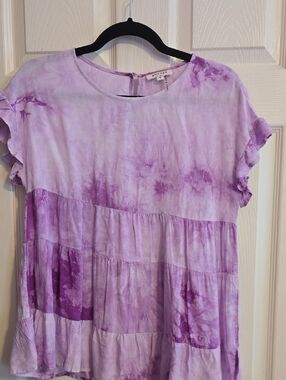 Tie-Dye Lilac Tiered Ruffle Sleeve Tunic Top
